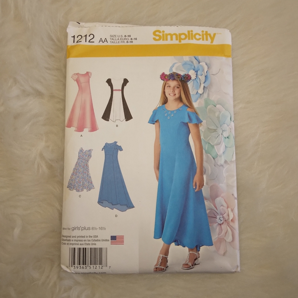 SIMPLICITY 1212 Sz 8-18 & Plus Girls Princess Seam Dress w/optional Cold Shouder